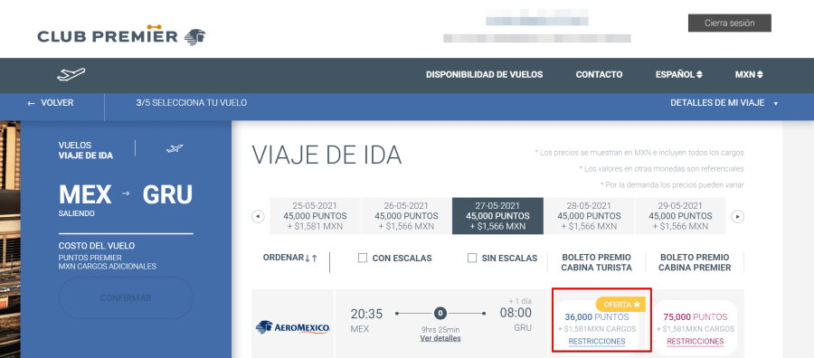 Club Premier MEX to GRU in Econ for 36K aeromexico club premier