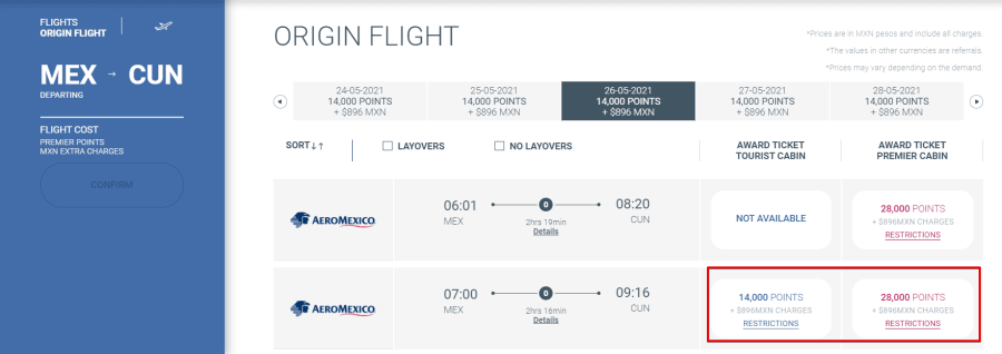 Club Premier Award MEX to CUN 1 Aeromexico Flights