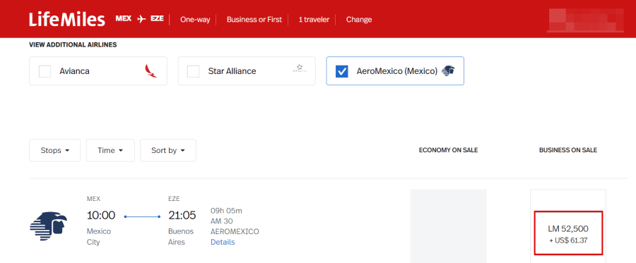 LifeMiles MEX to EZE IN Business 1 Aeromexico Flights