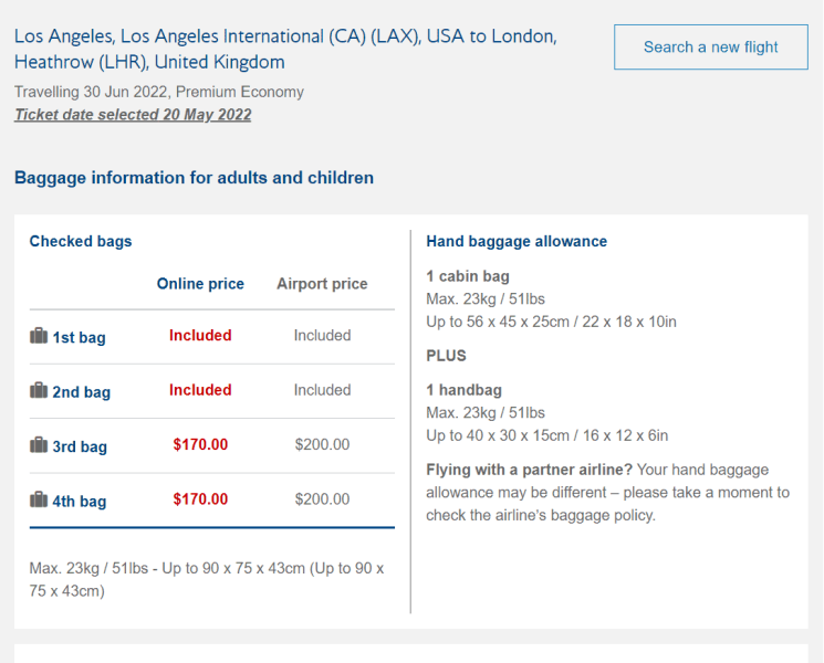 British Airways Premium Economy Baggage Allowance british airways premium economy